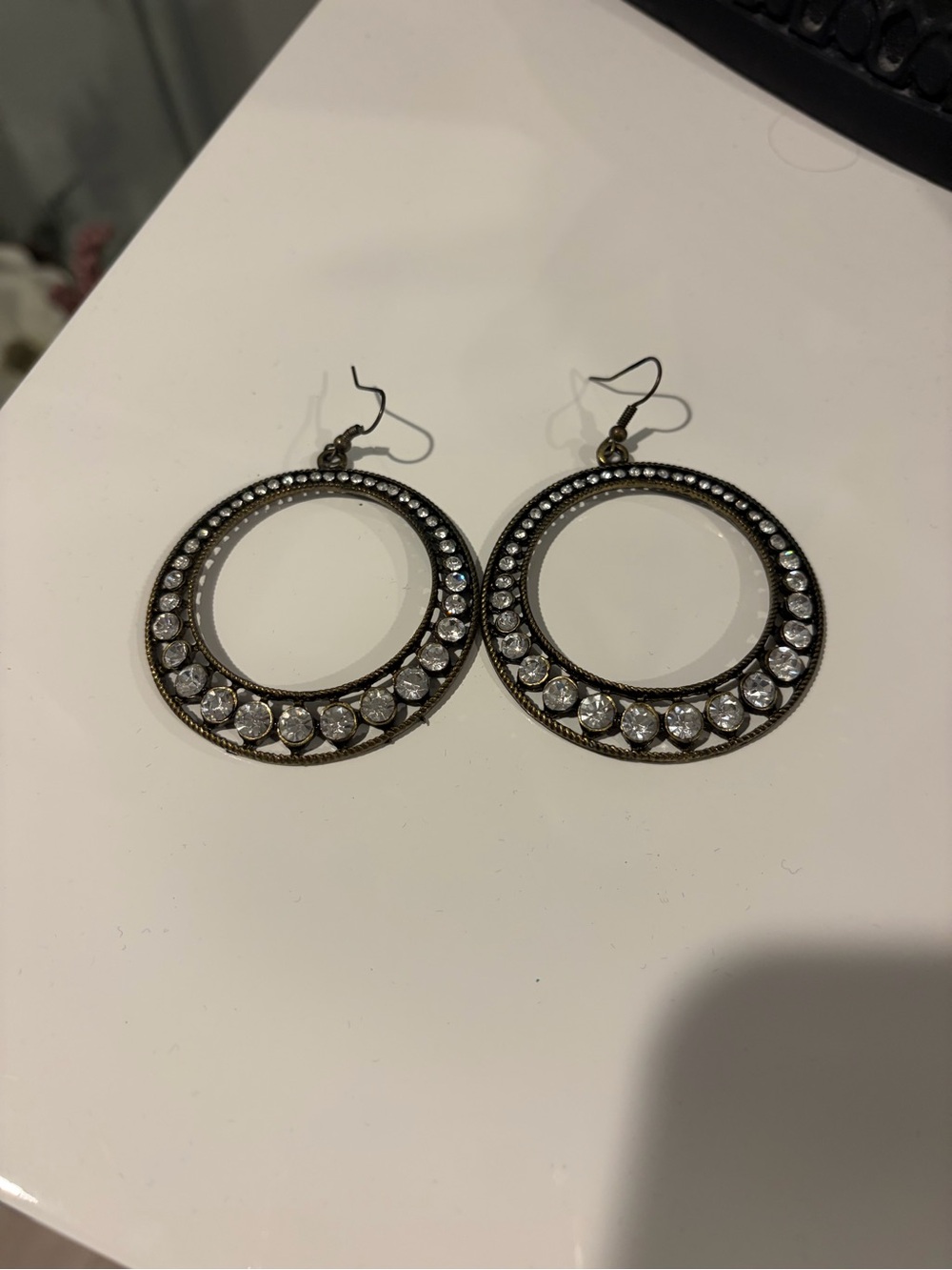 Vintage-Inspired Round Hoop Crystal Drop Earrings - White Crystal
